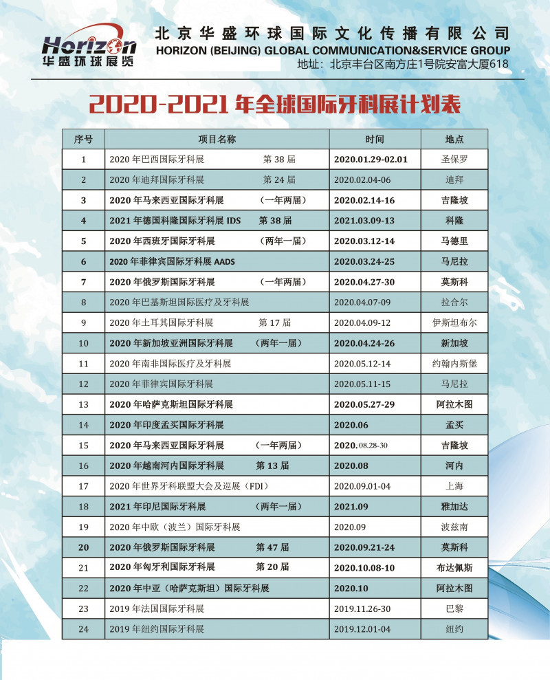 無聯(lián)系方式2020-2021年全球國際牙科展計(jì)劃表-華盛